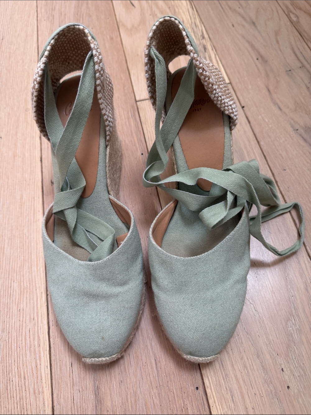 Castaner Sage Green Canvas Espadrille Wedge with Tie Straps